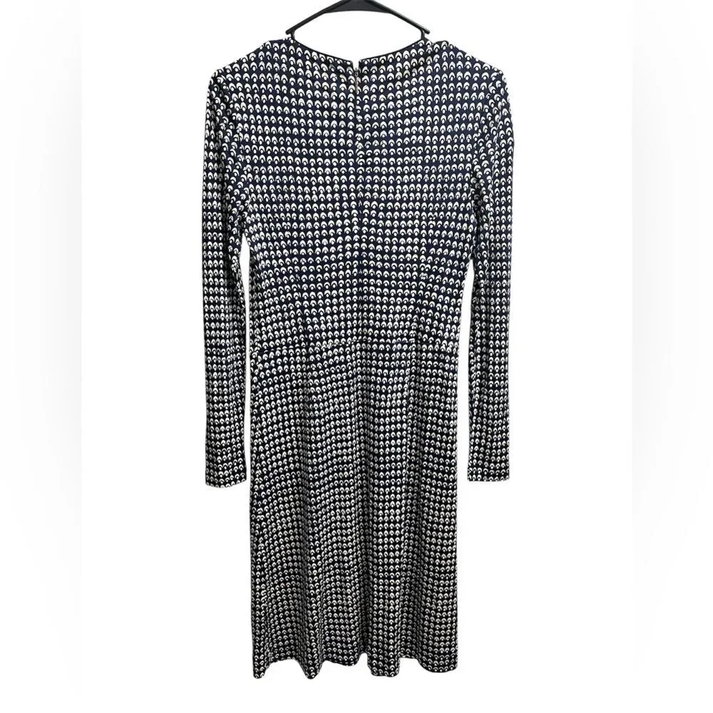 Tory Burch 100% Silk Navy Blue and White Geometric Pattern Shift Dress SZ S